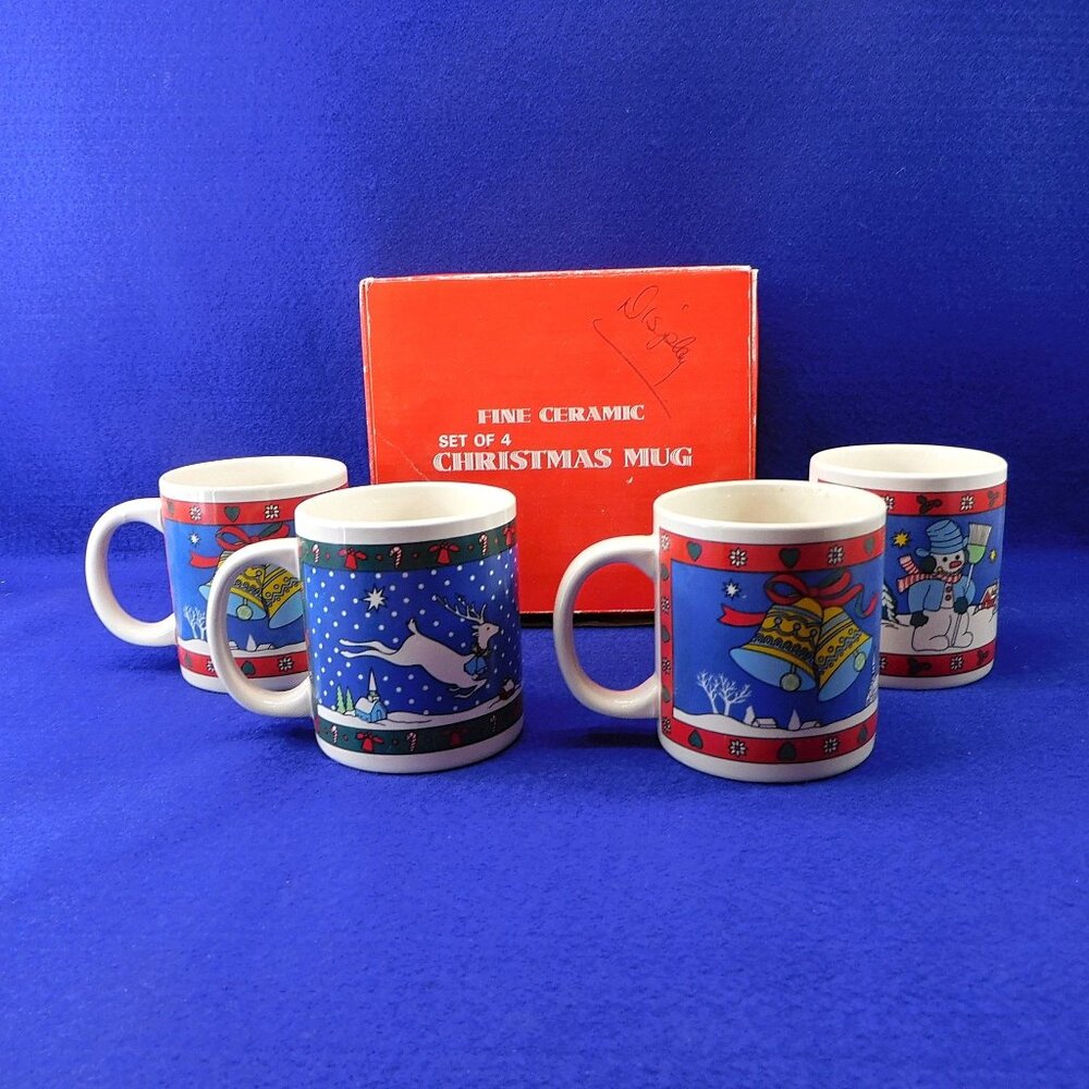 Set Of 4 Christmas Ceramic Mugs With Box  10 oz Snowman Reindeer & Bells Design